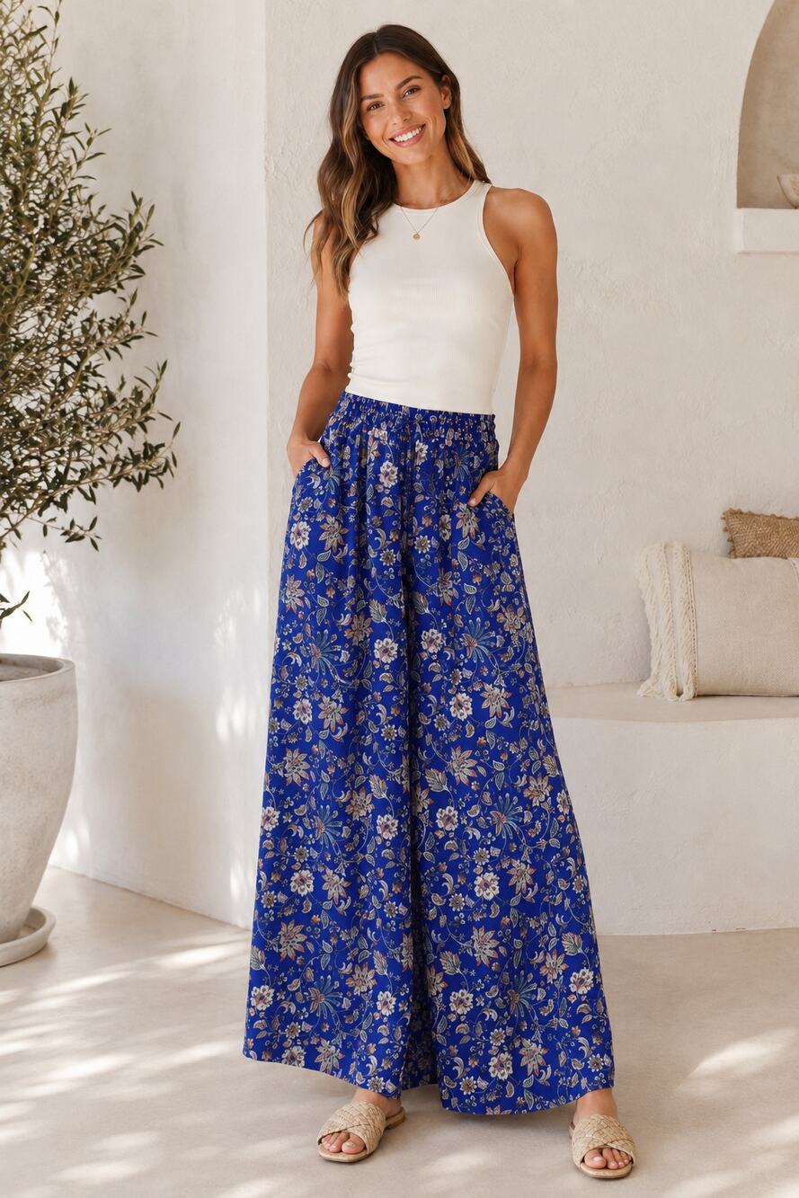 Janasya Blue Paisley Wide Leg Pull On Pants Womens XL Casual Boho Spring Comfort